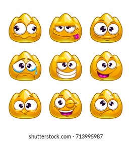 Funny cartoon yellow  jelly monster with different emotions. Vector icons, isolated on white background.