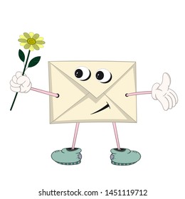 A funny cartoon yellow letter with eyes, arms, legs and mouth holds a yellow flower in his hand and smiles.
