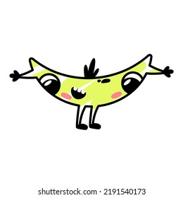 Funny cartoon yellow monster laughing. A fictional character in the shape of a banana. Cute alien icon in doodle style. Hugging mascot for the brand. A cool print for children's products.