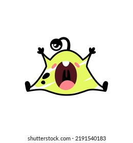 Funny cartoon yellow monster yawns tiredly. A fictional character for children. Cute alien icon in doodle style. Mascot for the brand. A cool print for children's products.