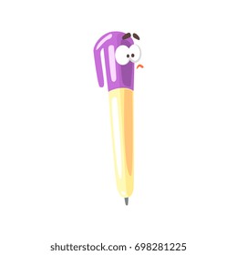 Funny cartoon yellow pencil comic character with purple cap, humanized paintbrush vector Illustration