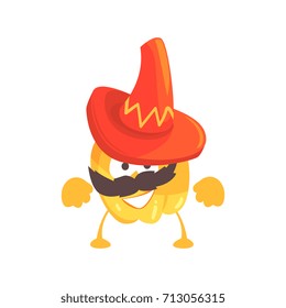 Funny cartoon yellow pepper character wearing sombrero hat, mexican traditional humanized food in traditional clothes vector Illustration