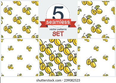 Funny cartoon yellow plum. Set of 5 vector seamless pattern. Chess grid order pattern.