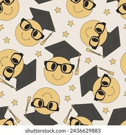 Funny cartoon yellow smiling face in a school graduate hat and glasses vector seamless pattern. Groovy hand drawn back to school education background.