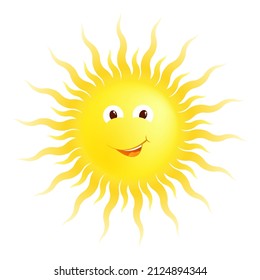 funny cartoon yellow summer sun smiling. Good warm summer weather, great mood. Vector isolated on white background
