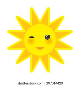 funny cartoon yellow sun smiling and winking eyes and pink cheeks, sun on white background. Vector