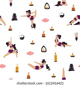 Funny cartoon yoga background. Seamless pattern of plus size girl doing yoga with a cat. 