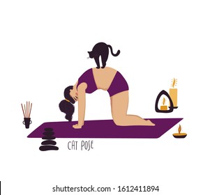 Funny cartoon yoga card. Vector illustration of plus size girl doing yoga with a cat.