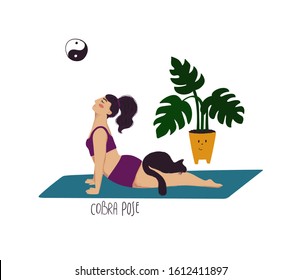 Funny cartoon yoga card. Vector illustration of plus size girl doing yoga with a cat. Cobra pose.