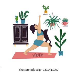 Funny cartoon yoga card. Vector illustration of plus size girl doing yoga with a cat. Warrior I pose.