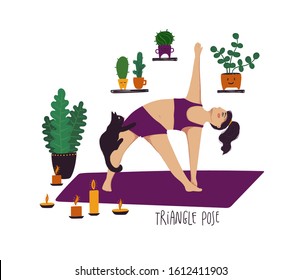 Funny cartoon yoga card. Vector illustration of plus size girl doing yoga with a cat. Triangle pose.