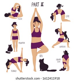 Funny cartoon yoga set. Collection of plus size girl doing yoga with a cat. Isolated poses with names. Part 3.