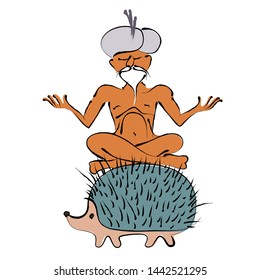 Funny cartoon yogi riding a hedgehog, brush drawings style 