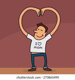 Funny cartoon of a young man making heart shape with his arms, wearing 'I love Mom' tshirt. Mothers Day card.