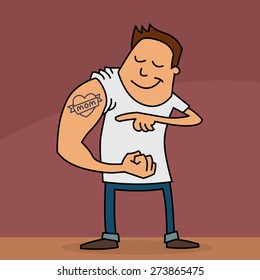 Funny Cartoon Of A Young Man Showing His 'I Love Mom' Tattoo On His Arm. Mothers Day Card.