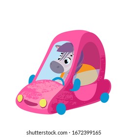 Funny cartoon zebra in car. Vector illustration for t-shirt prints, children books, greeting cards, posters, stickers or decor