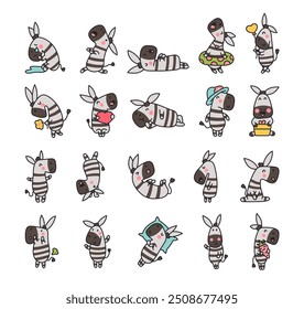 Funny cartoon zebra. Character with different pose. Hand drawn style. Vector drawing. Collection of design elements.