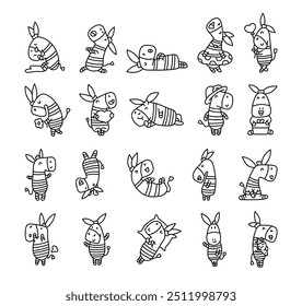 Funny cartoon zebra. Coloring Page. Character with different pose. Hand drawn style. Vector drawing. Collection of design elements.