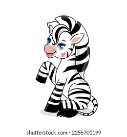 Funny cartoon zebra on a white background isolated. Vector illustration for kids
