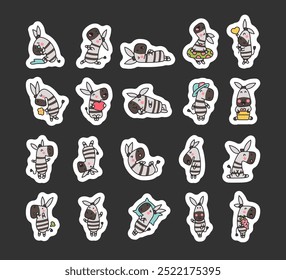 Funny cartoon zebra. Sticker Bookmark. Character with different pose. Hand drawn style. Vector drawing. Collection of design elements.