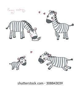 Funny cartoon zebras on white background. 