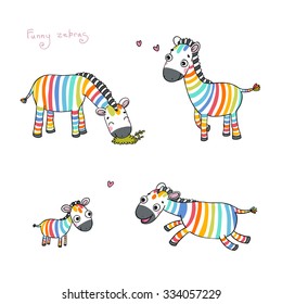 Funny cartoon zebras on white background. Rainbow