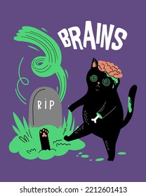 Funny cartoon zombie black cat with brain and grave. Hand Drawn Halloween card design. 