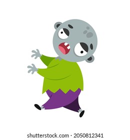 Funny cartoon zombie. Cute Halloween character walks with outstretched arms and scares. Boy in costume for spooky party. Cool print with monster for children's school supplies, holiday greeting card.