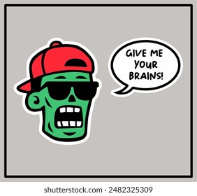 Funny cartoon zombie head with sunglasses and a cap. Vector illustration. T-shirt print. Comic book style.