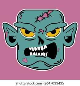 Engraçado desenho animado zombie monstro cabeça ilustração com um sorriso bonito, mau e dentes irritados, perfeito para a arte do personagem Halloween