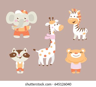 Funny cartoon zoo with bear raccoon zebra giraffe and elephant