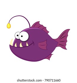 Funny cartoonanglerfish. Vector  illustration Isolated on white background. Sea animals. Sea fish