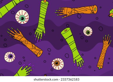 Funny cartoonish monster hands and eyes on wavy purple stripes; bright colorful repeat pattern for Halloween decoration and digital printing.