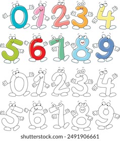 Funny cartoonish numbers merrily dancing, jumping and swirling at a fun party, a set of color and black-and-white vector cartoon illustrations for a coloring book