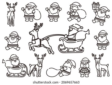 Funny Cartoonish Santa Claus And Reindeer Set In Dynamic Poses, Vector Illustration Isolated On A White Background.
