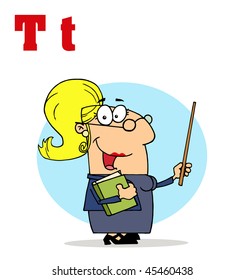 Funny Cartoons Alphabet-Female Teacher With Letters T