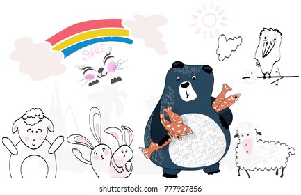 Funny cartoons of animals. Rabbits with eggs, a bear with a fish, a crow on a branch, a lamb, a rainbow, clouds and a sun. A cat with an inscription-smile.