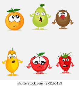 Funny cartoons of colorful fruit characters with different facial expression on grey background.