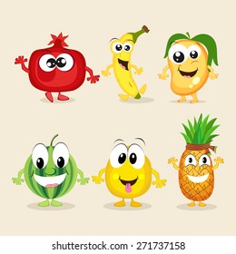 Funny cartoons of colorful fruits characters on beige background.