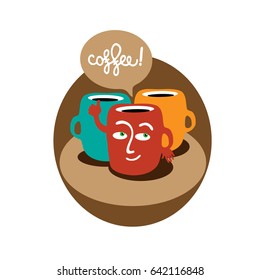 Funny cartoons mugs of colorful ceramics offer to drink "Coffee!", lettering. Vector flat illustration on white background.