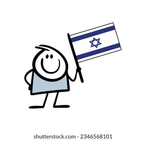 Funny cartoonstickman child holds a large flag of Israel in his hand. Vector illustration of a guy and national pride. Cute person isolated on white background.