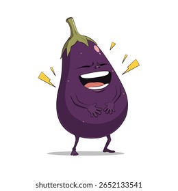 A funny cartoon-style eggplant character laughing out loud, with expressive facial features and a joyful pose. This cute vegetable mascot has arms and legs, a wide smile, and vibrant purple color. Ide