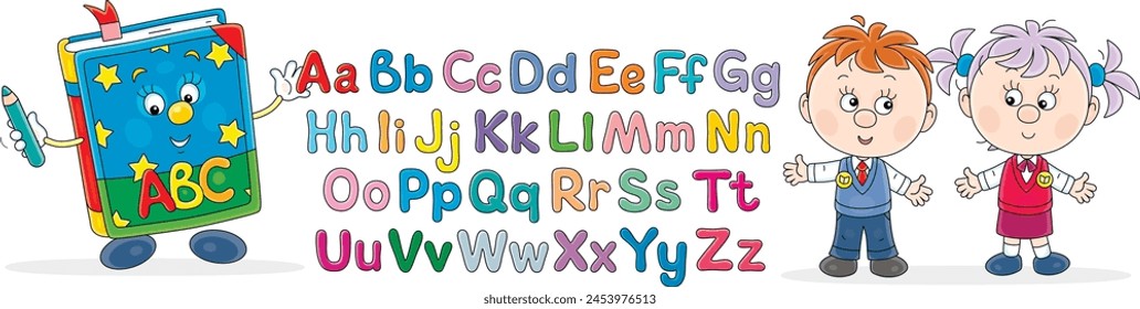 Funny cartoony ABC book with colorful letters of alphabet and happy little schoolchildren at English lesson in elementary school, vector cartoon illustration isolated on a white background