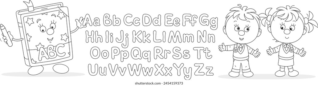 Funny cartoony ABC book with letters of alphabet and happy little schoolchildren at English lesson in elementary school, black and white outline vector illustration for a coloring book