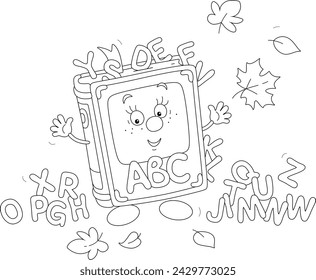 Funny cartoony ABC book surrounded by small letters, friendly smiling and waving in greeting before start of classes, black and white outline vector illustration for a coloring book