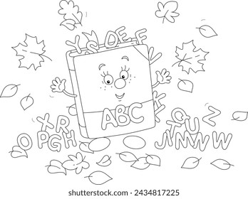 Funny cartoony ABC book surrounded by small letters and autumn leaves, friendly smiling and waving in greeting before start of classes, black and white outline vector illustration for a coloring book