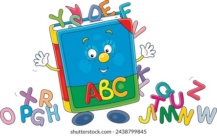 Funny cartoony ABC book surrounded by colorful letters, friendly smiling and waving in greeting before start of classes, vector cartoon illustration isolated on a white background