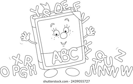 Funny cartoony ABC book surrounded by small letters, friendly smiling and waving in greeting before start of classes, black and white outline vector illustration for a coloring book