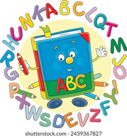 Funny cartoony ABC book surrounded by colorful letters of alphabet, friendly smiling and waving in greeting before start of classes, vector cartoon illustration isolated on a white background