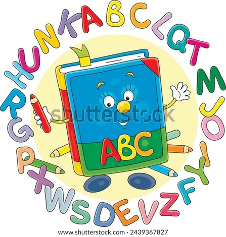 Funny cartoony ABC book surrounded by colorful letters of alphabet, friendly smiling and waving in greeting before start of classes, vector cartoon illustration isolated on a white background